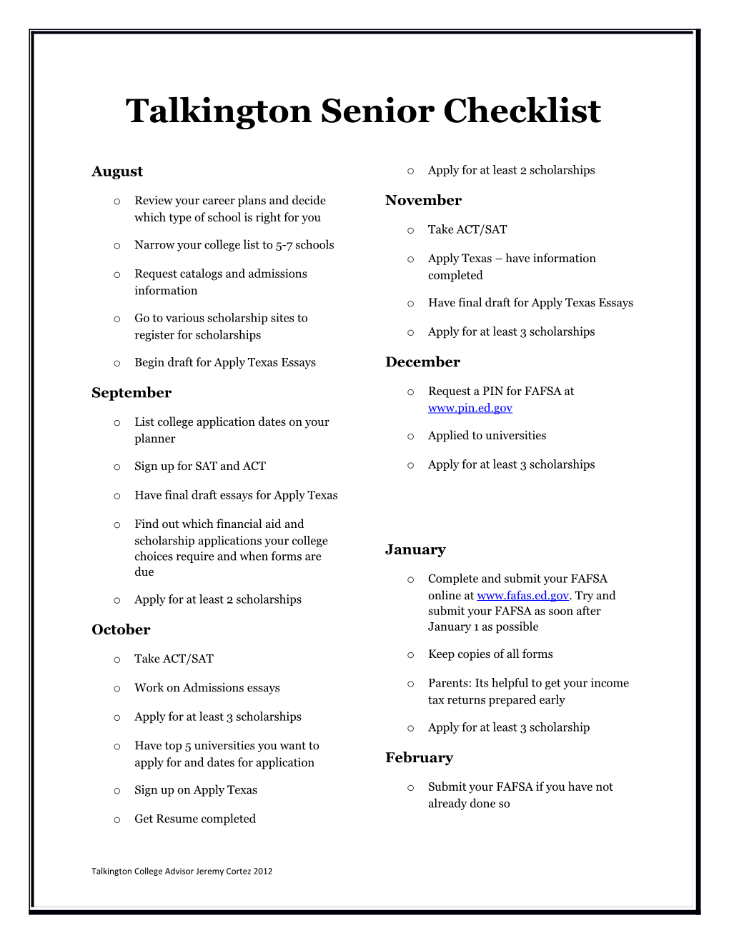 Talkington Senior Checklist