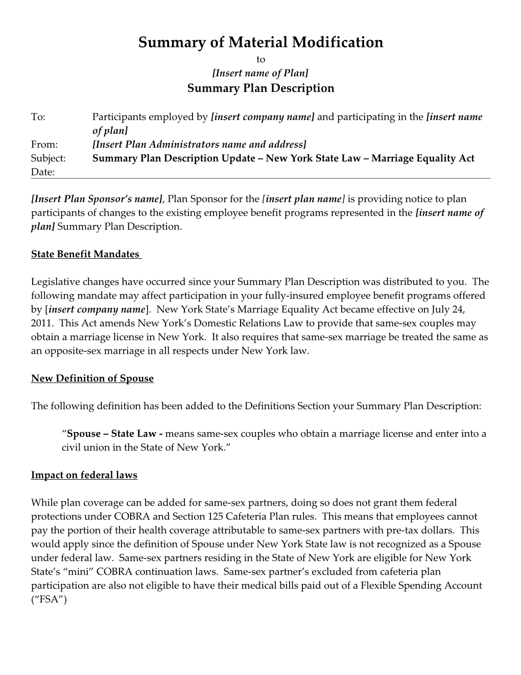 Summary of Material Modification