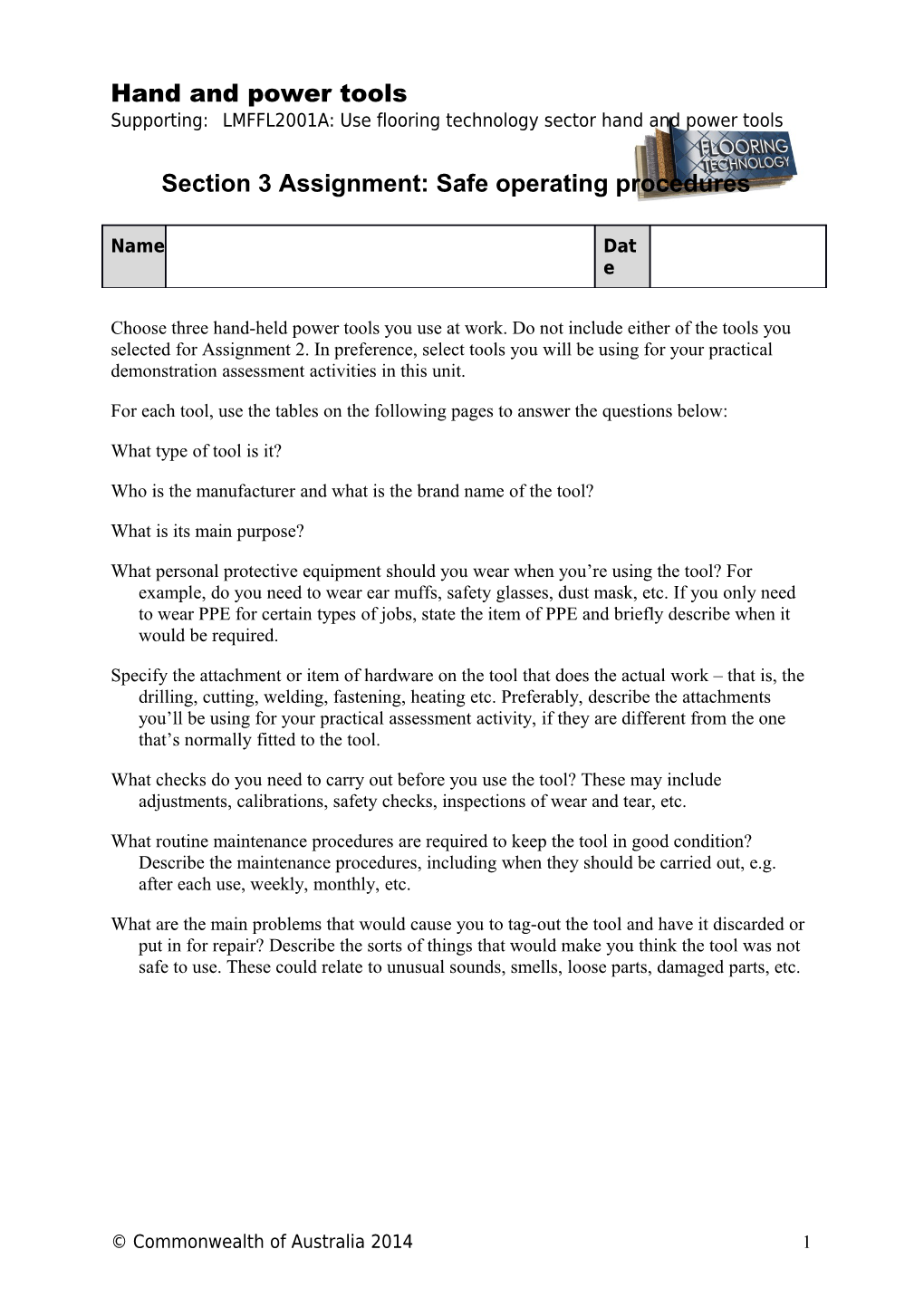 Hand and Power Tools Section 3 Assignment: Safe Operating Procedures