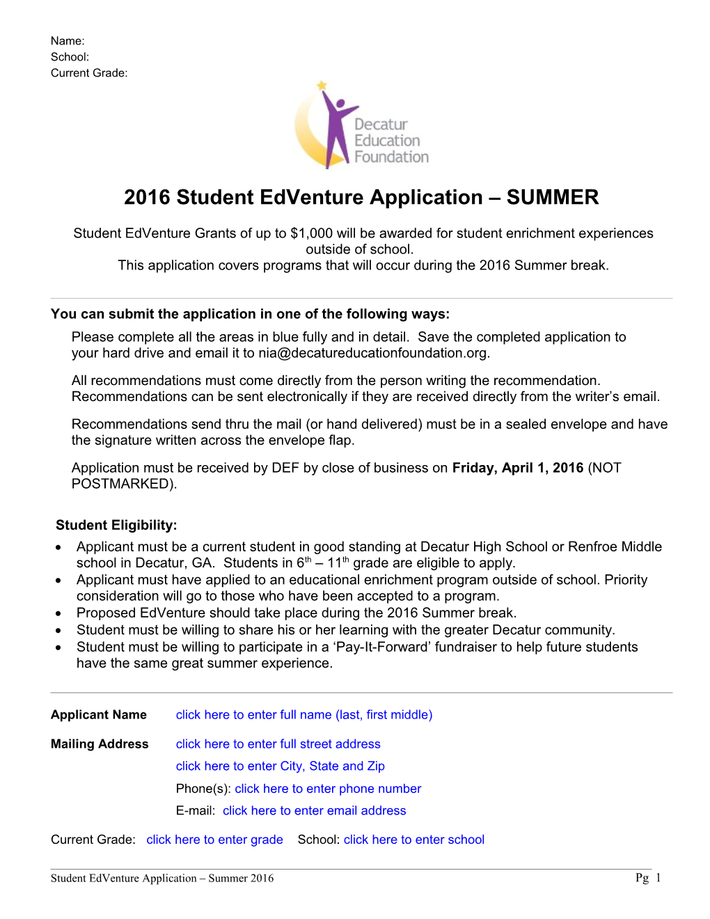 2016 Student Edventure Application SUMMER