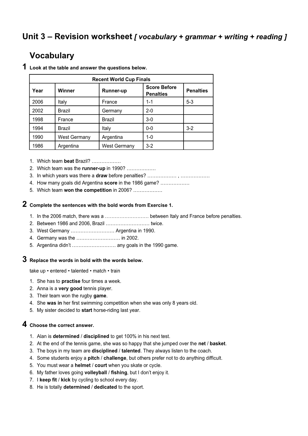 Unit 3 Revision Worksheet Vocabulary + Grammar + Writing + Reading