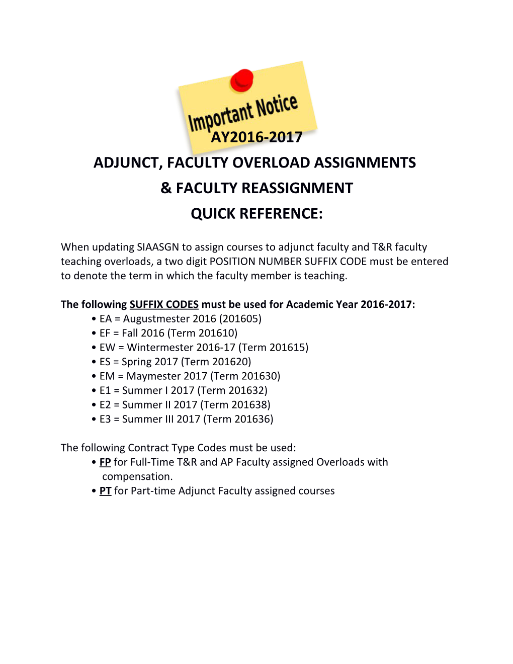 Adjunct, Faculty Overload Assignments