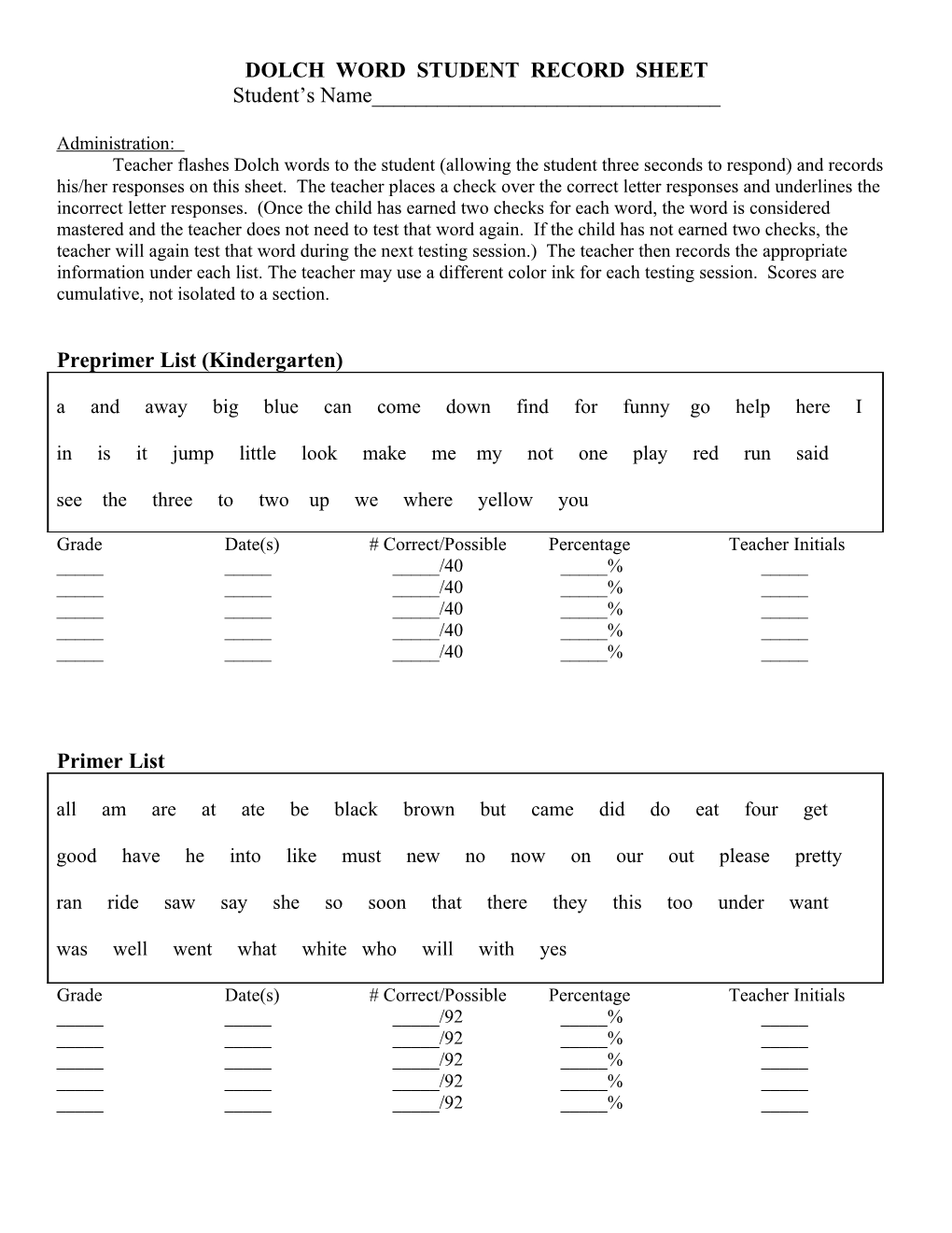 Dolch Word Student Record Sheet