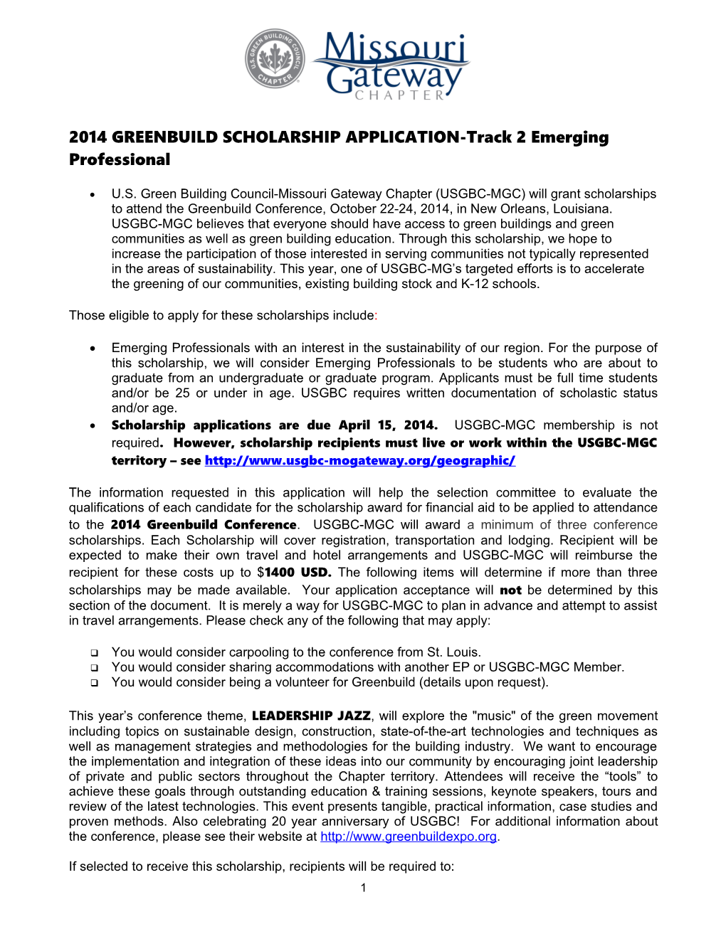 2014 GREENBUILD SCHOLARSHIP APPLICATION-Track 2 Emerging Professional