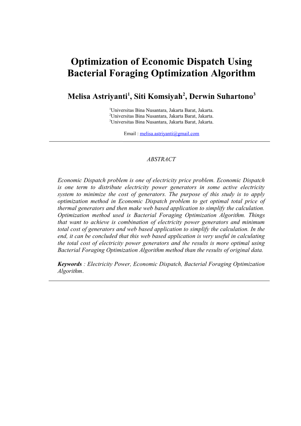 Optimization of Economic Dispatch Using Bacterial Foraging Optimization Algorithm