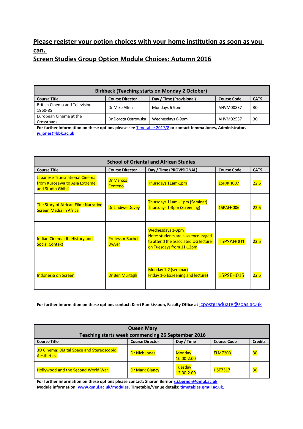 Screen Studies Group Option Module Choices: Autumn 2016