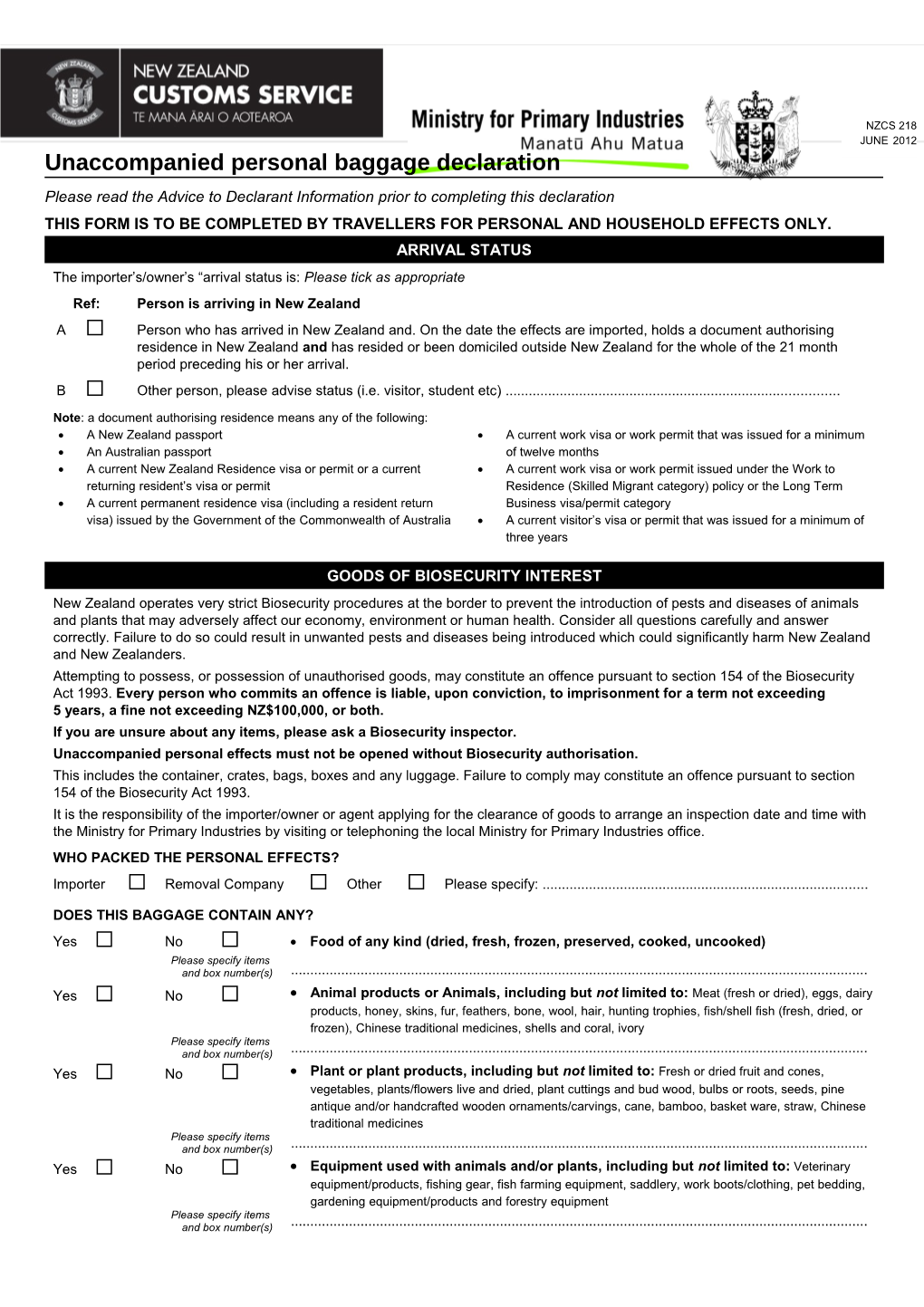 NZCS 218 - Unaccompanied Personal Baggage Declaration