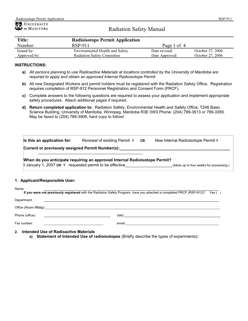 Radioisotope Permit Application