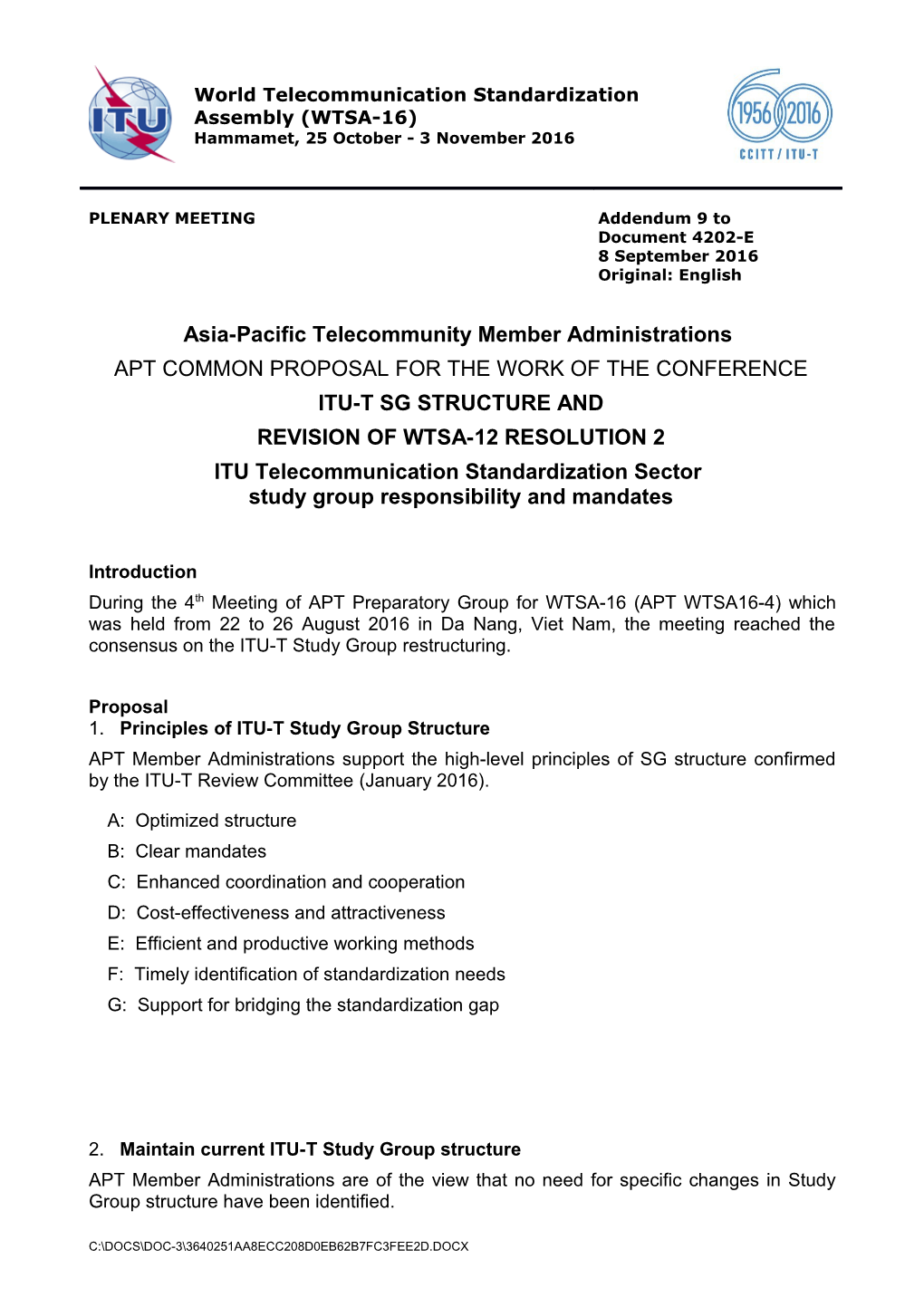 Principles of ITU-T Study Group Structure