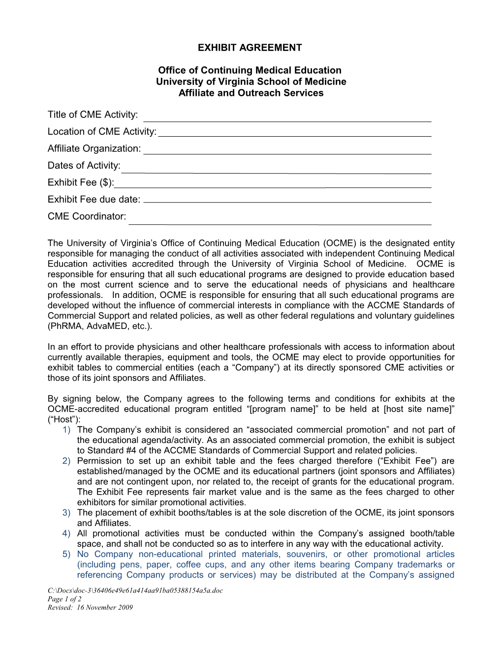 University of Virginia Office of Continuing Medical Education Exhibit Agreement