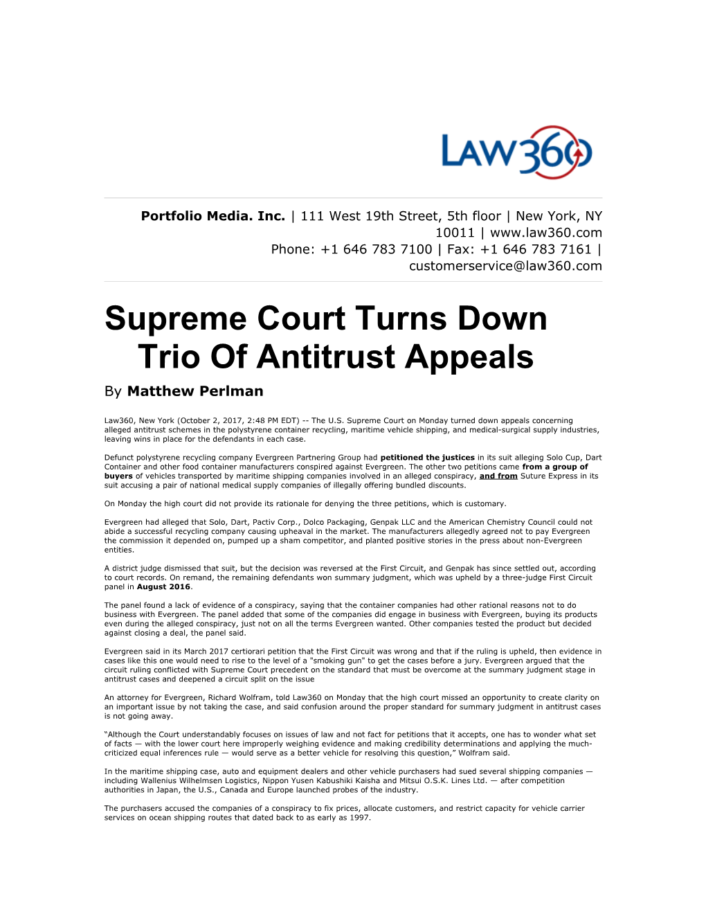 Supreme Court Turns Down Trio of Antitrust Appeals