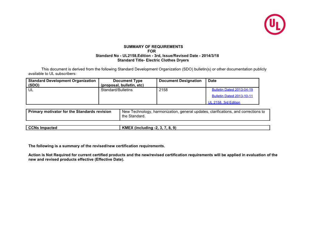 Standard No - UL2158,Edition - 3Rd,Issue/Revised Date - 2014/3/18