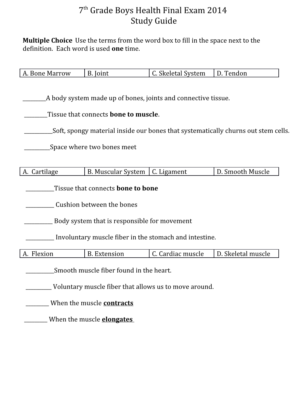 7Th Grade Boys Health Final Exam 2014