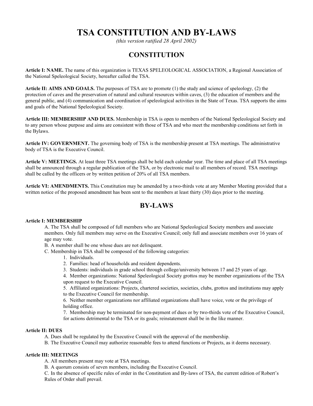 Tsa Constitution and By-Laws