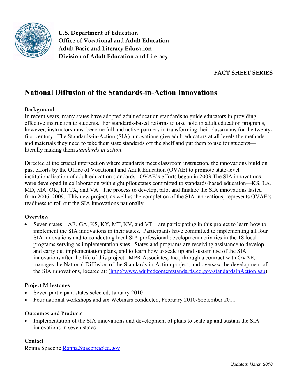 National Diffusion of the Standards-In-Action Innovations (MS Word)