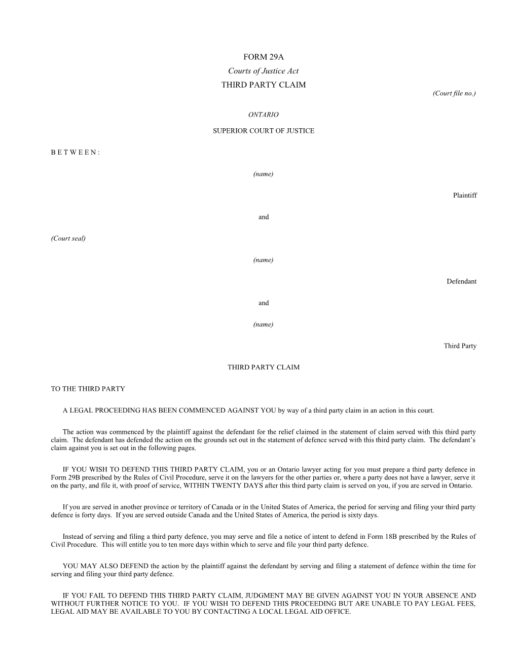 Form 29A Third Party Claim