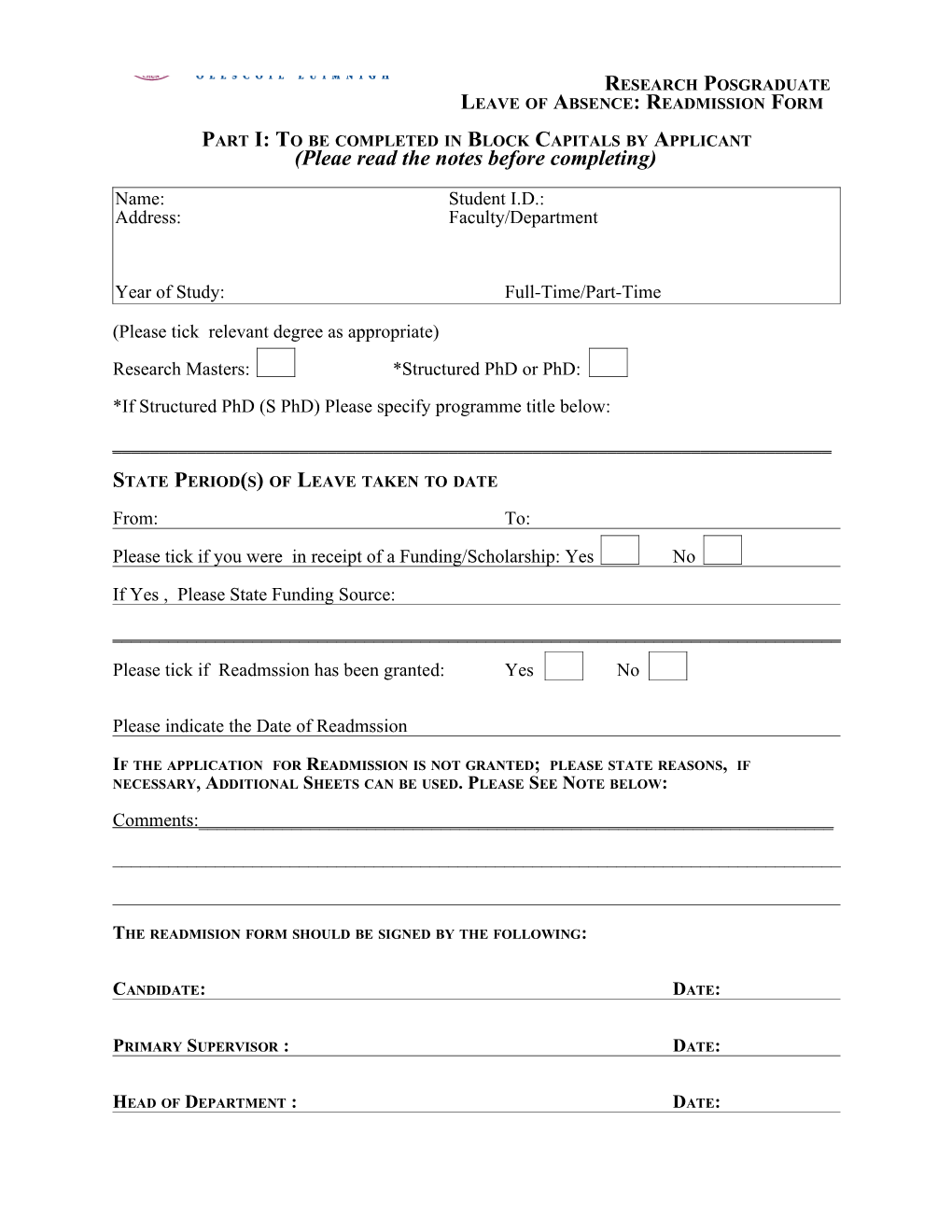 Application for Leave of Absence