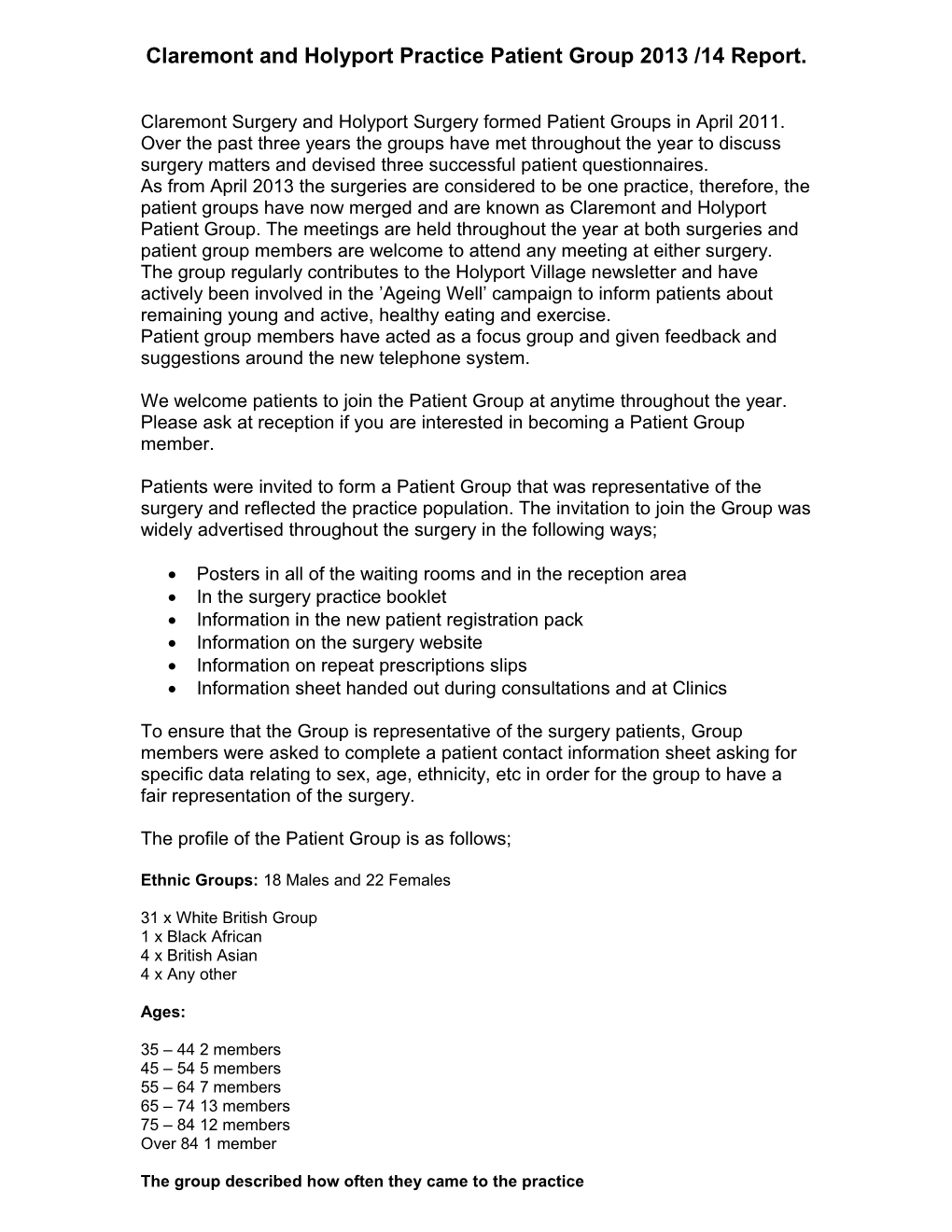 Claremont Surgery Patient Group Year End Report March 2012