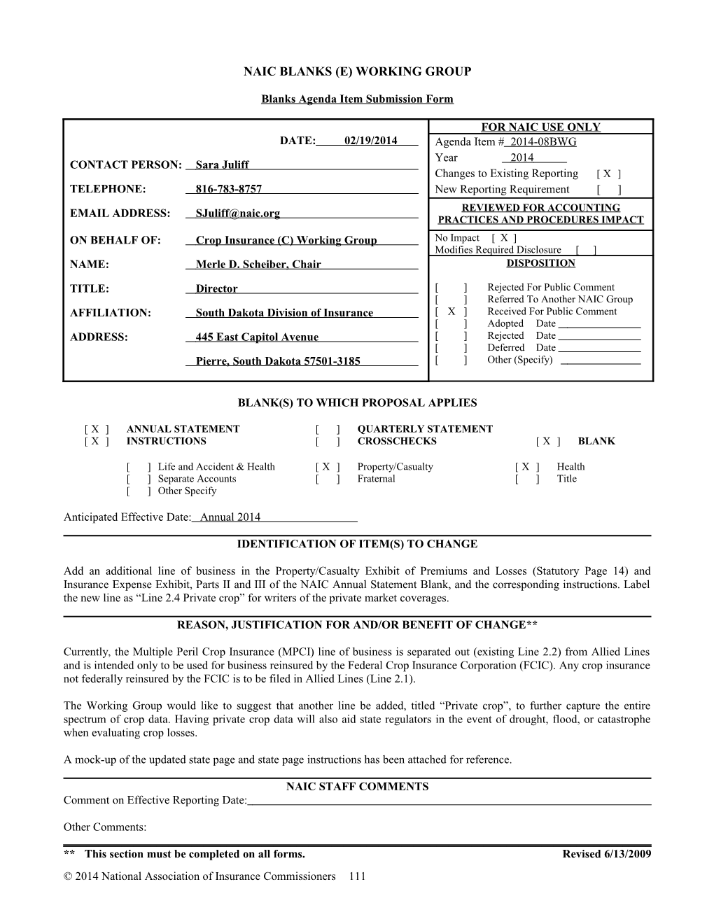 Naic Blanks (E) Working Group - Blanks Agenda Submission Form