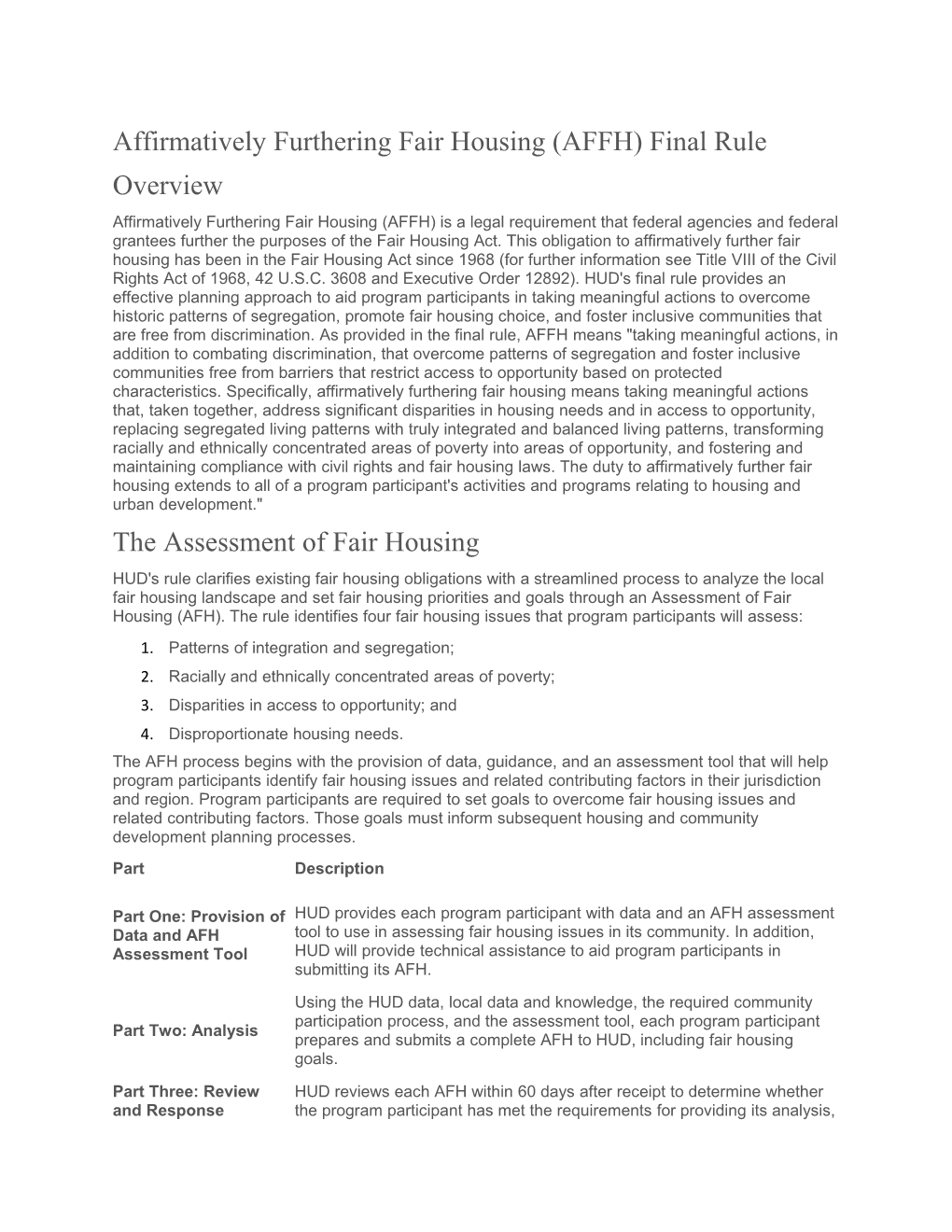 Affirmatively Furthering Fair Housing (AFFH) Final Rule