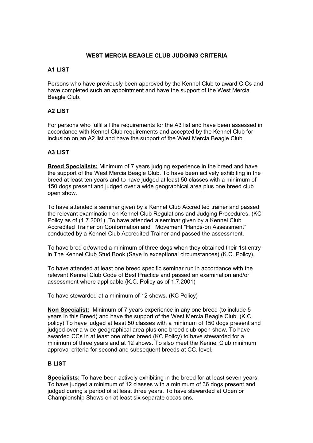 West Mercia Beagle Club Judging Criteria