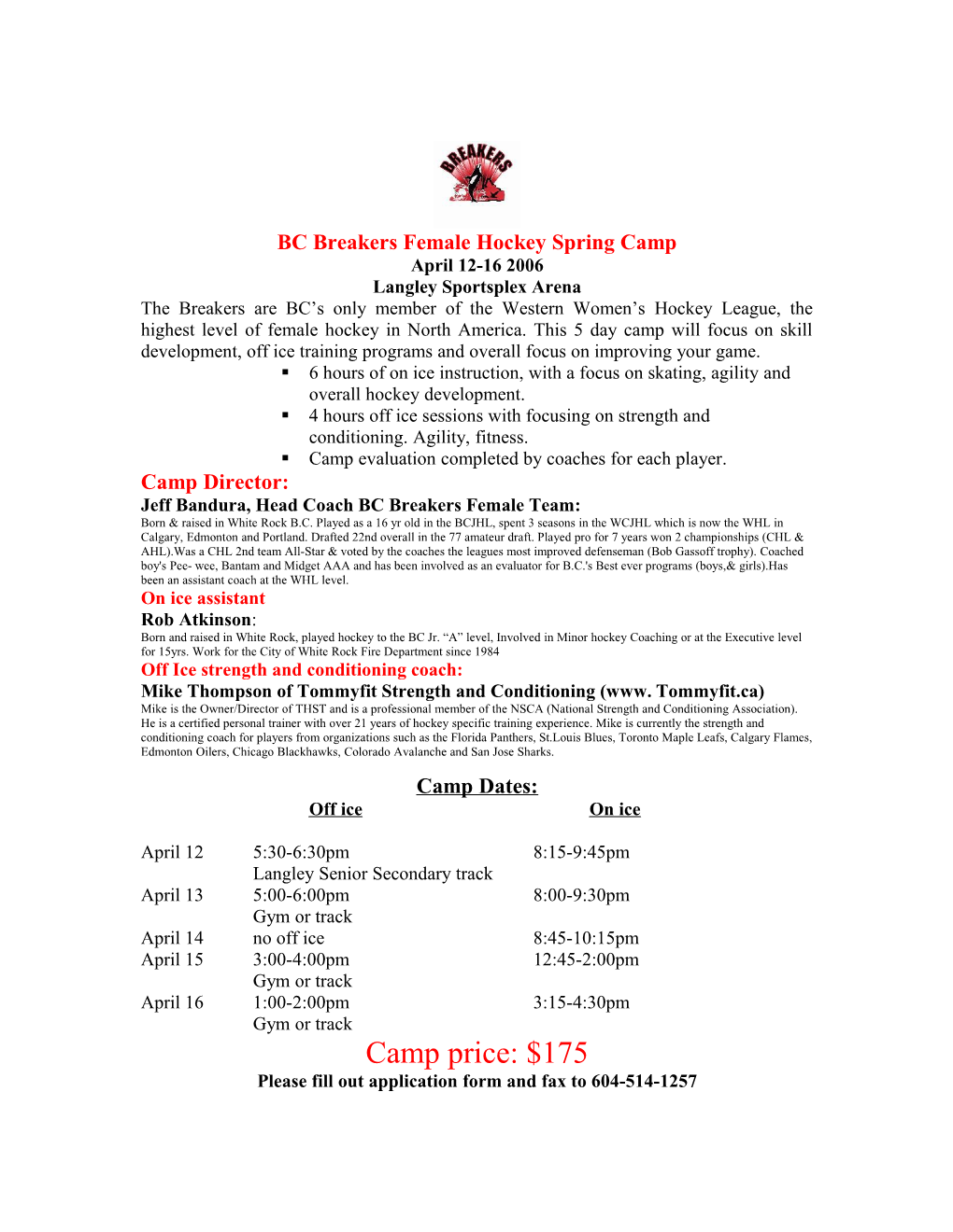 BC Breakers WWHL Female Hockey Spring Camps