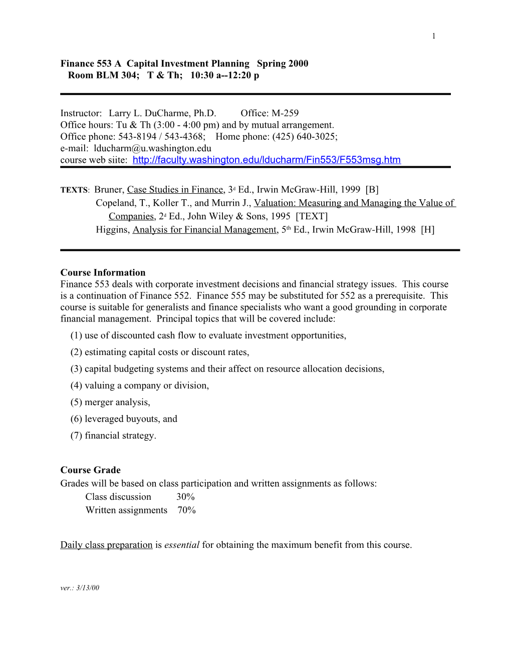 Finance 553 a Capital Investment Planning Winter 2000