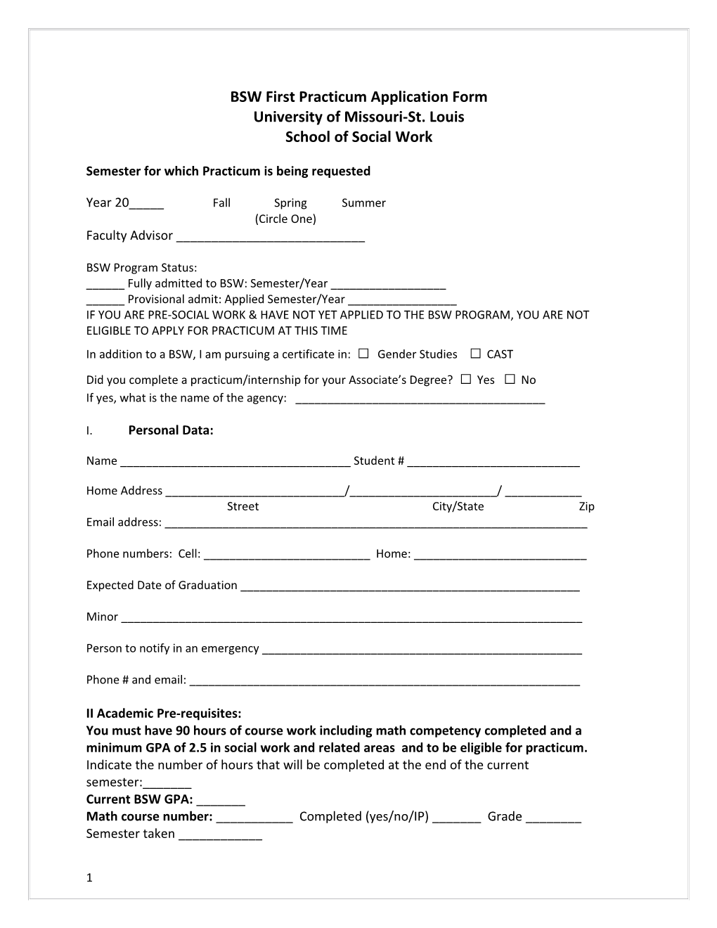 BSW First Practicum Application Form