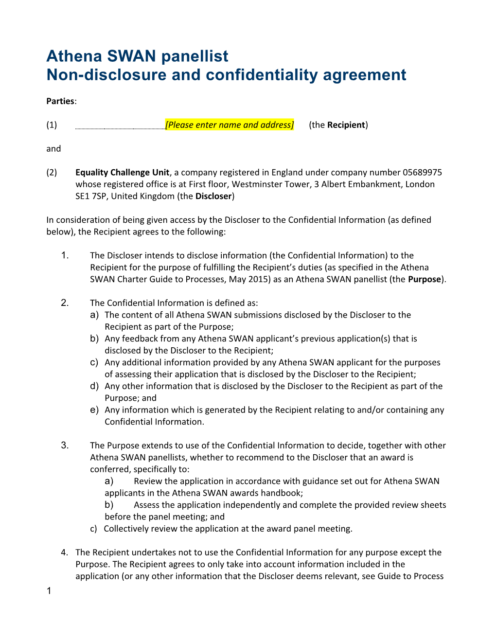 Non-Disclosure and Confidentiality Agreement