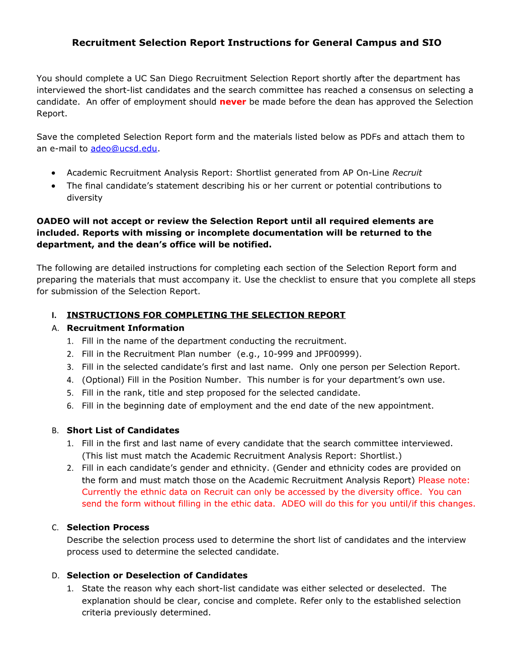 Recruitment Selection Report Instructions for General Campus and SIO