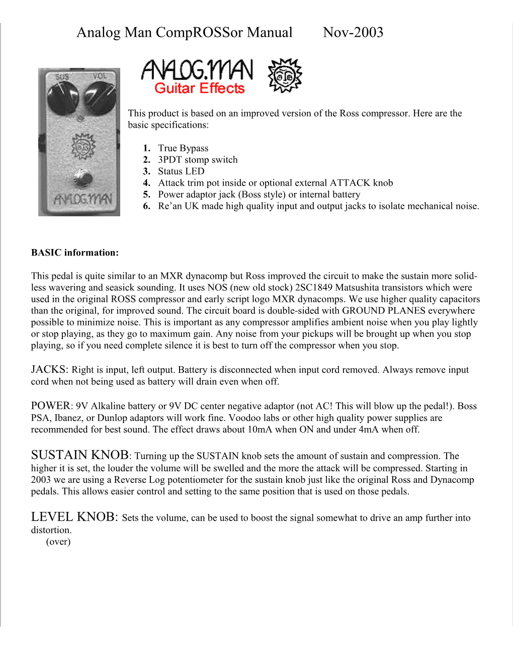 Analog Man Bi-Comprossor Manual October-2001