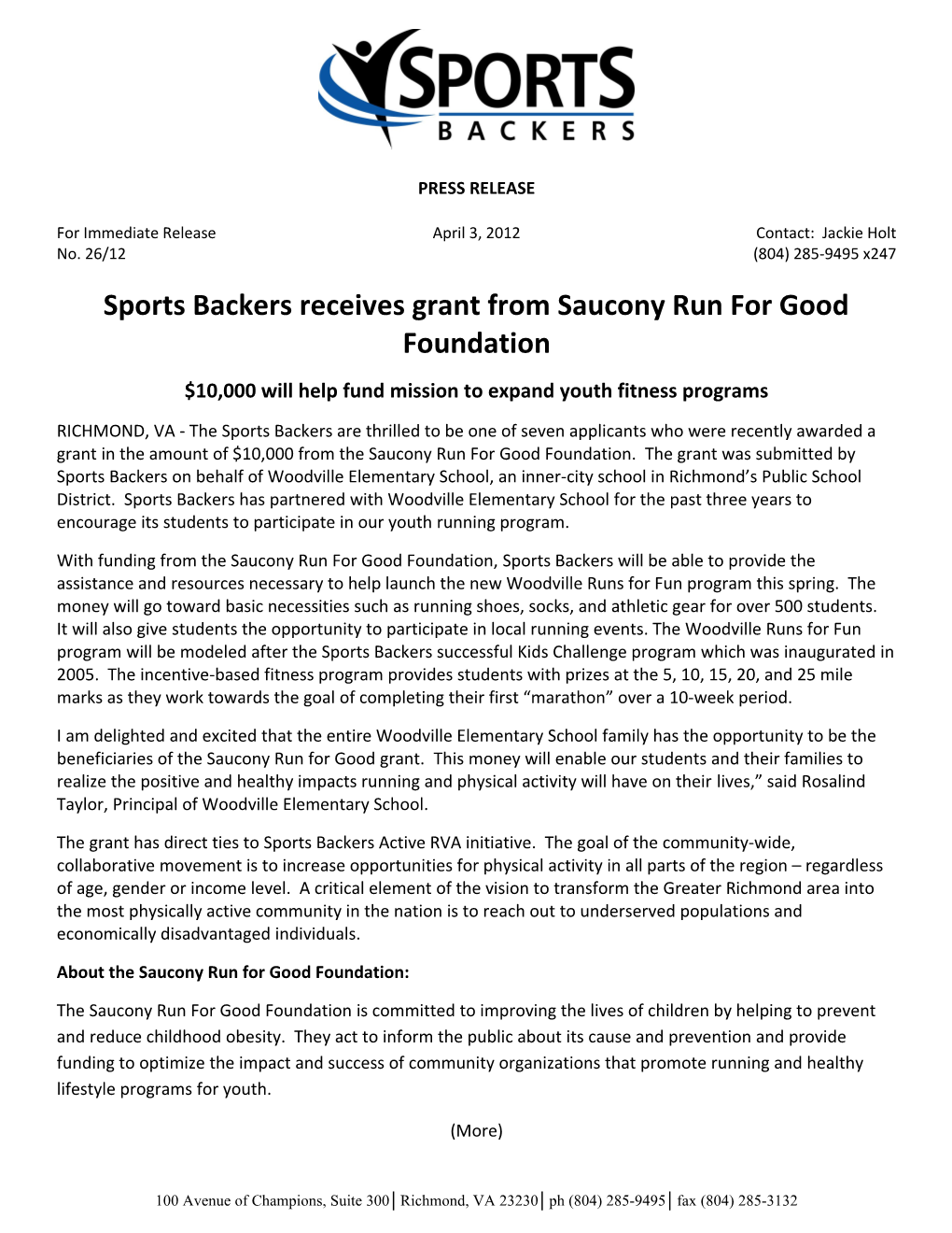 Sports Backers Receives Grant from Saucony Run for Good Foundation