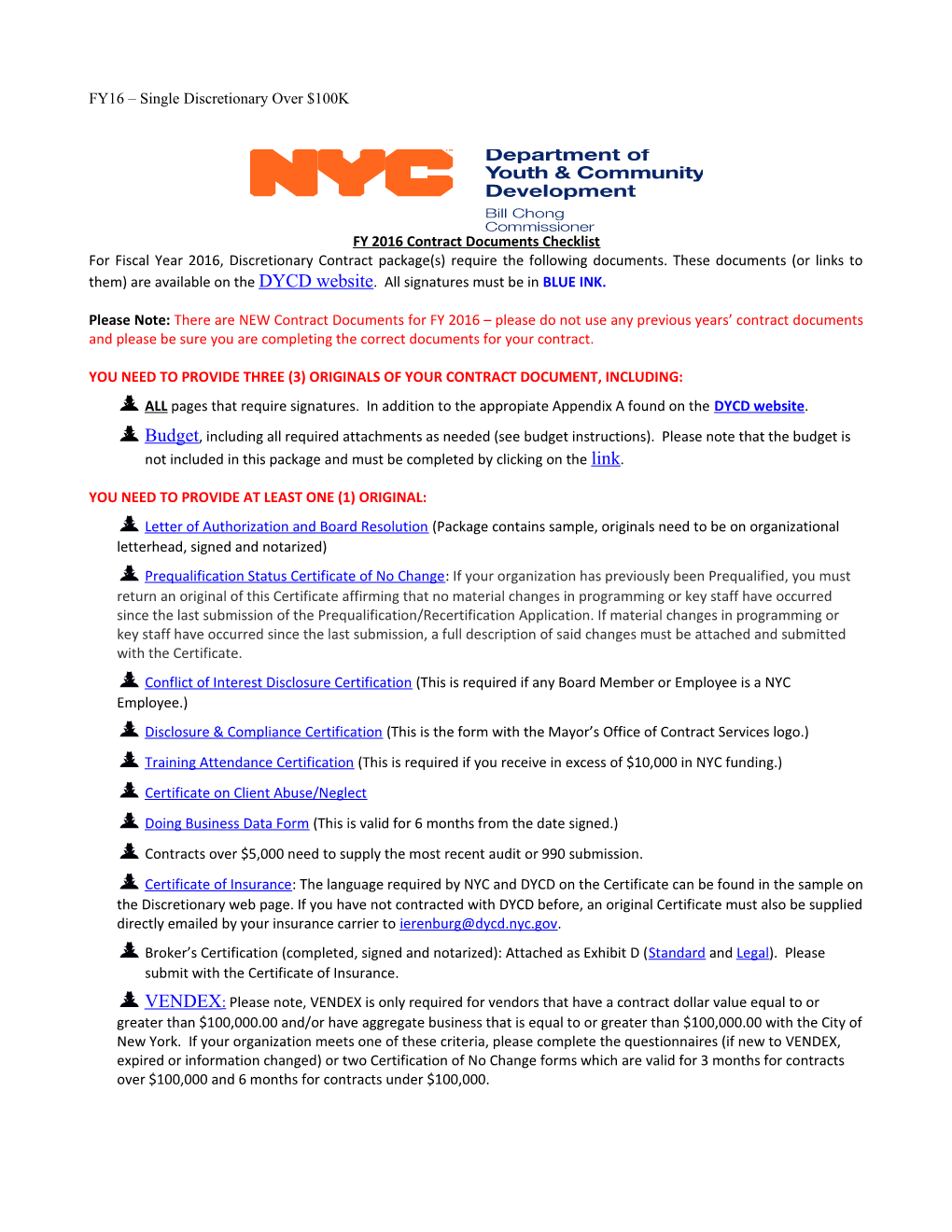 FY 2016 Contract Documents Checklist