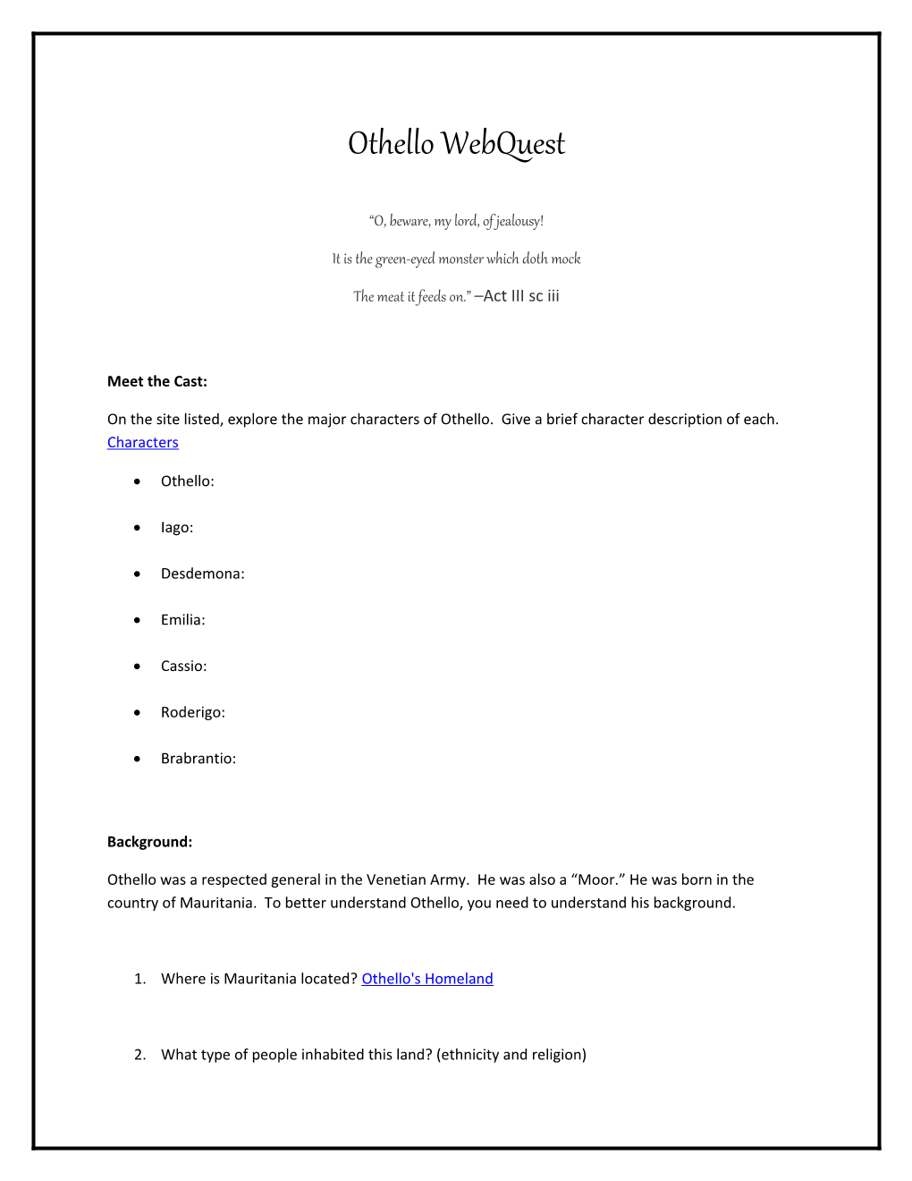 Othello Webquest