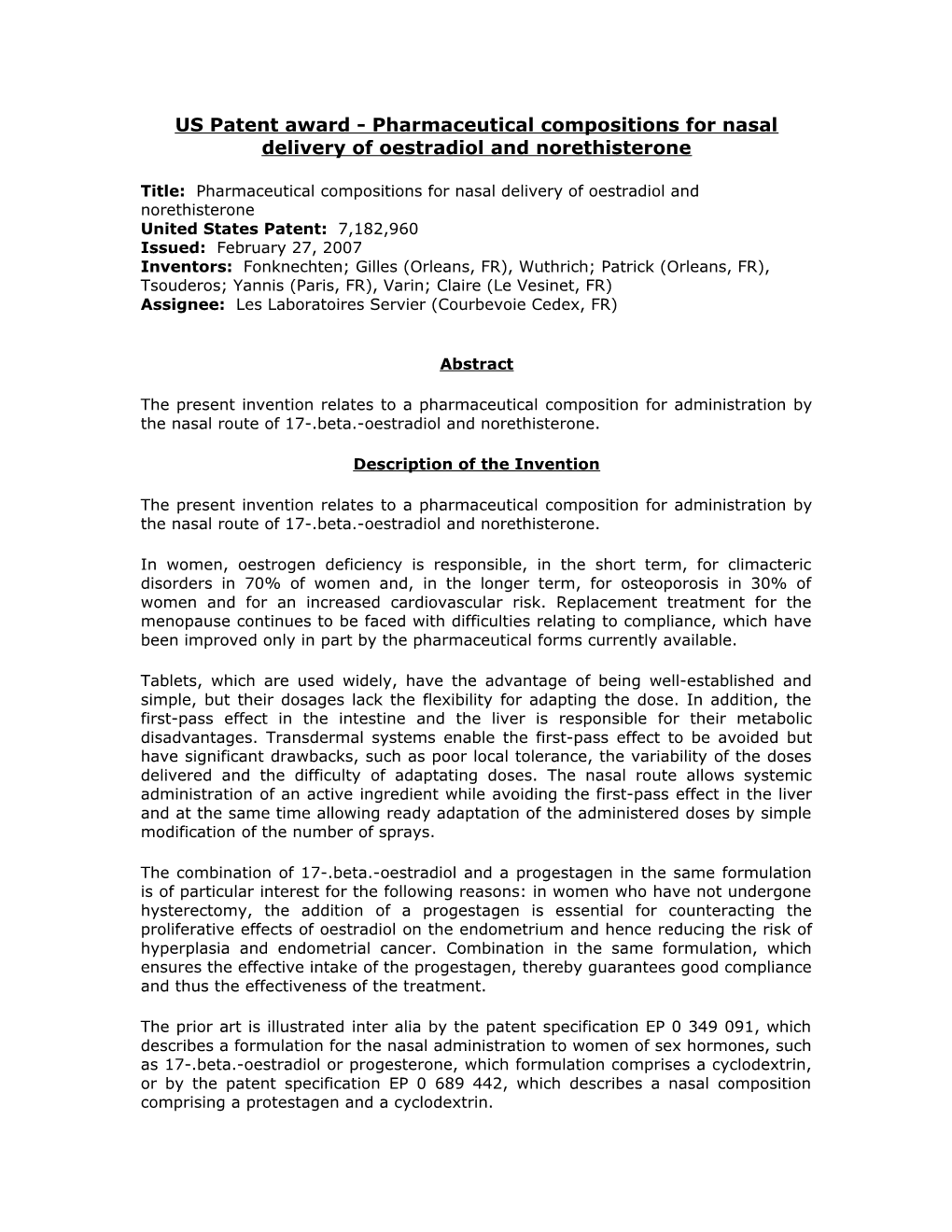 Pharmaceutical Compositions for Nasal Delivery of Oestradiol and Norethisterone