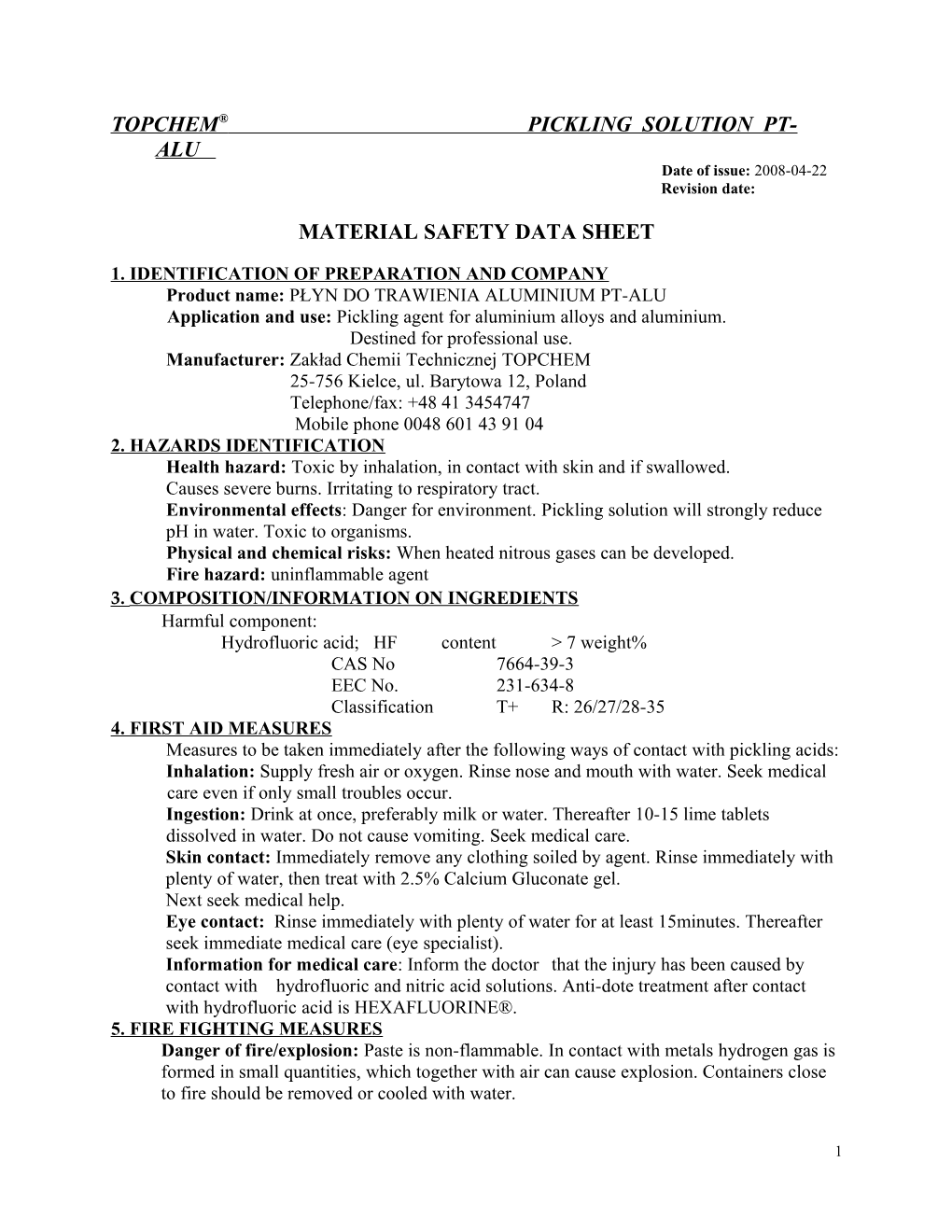 Material Safety Data Sheet Pickling Paste/Spray