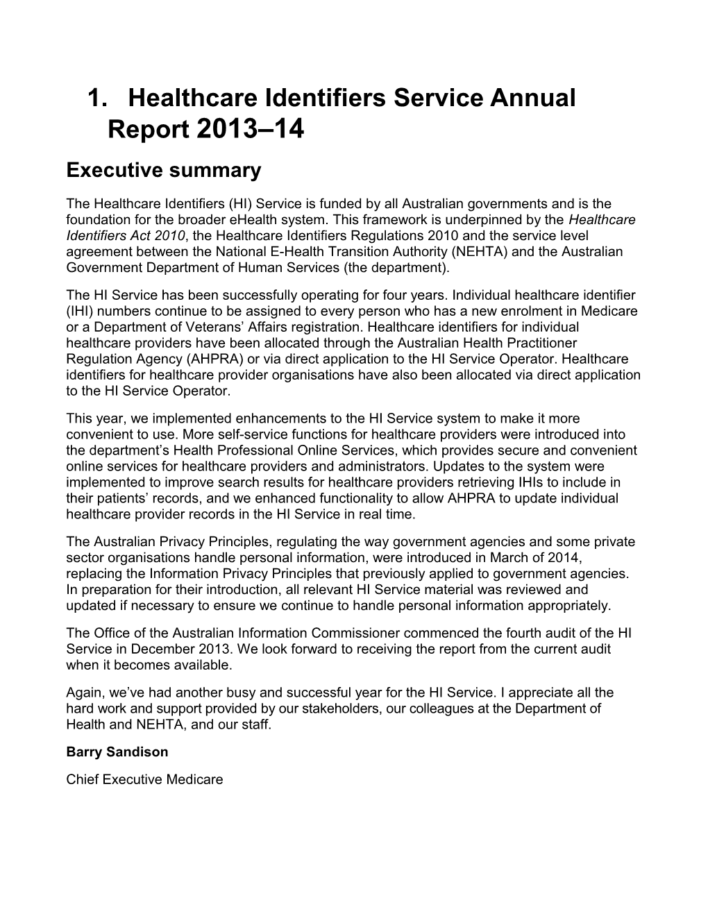 Healthcare Identifiers Service Annual Report 2013 14