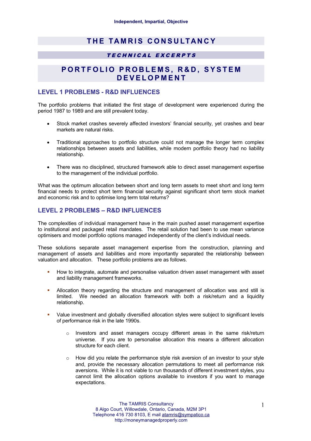Portfolio Problems, R&D, System Development