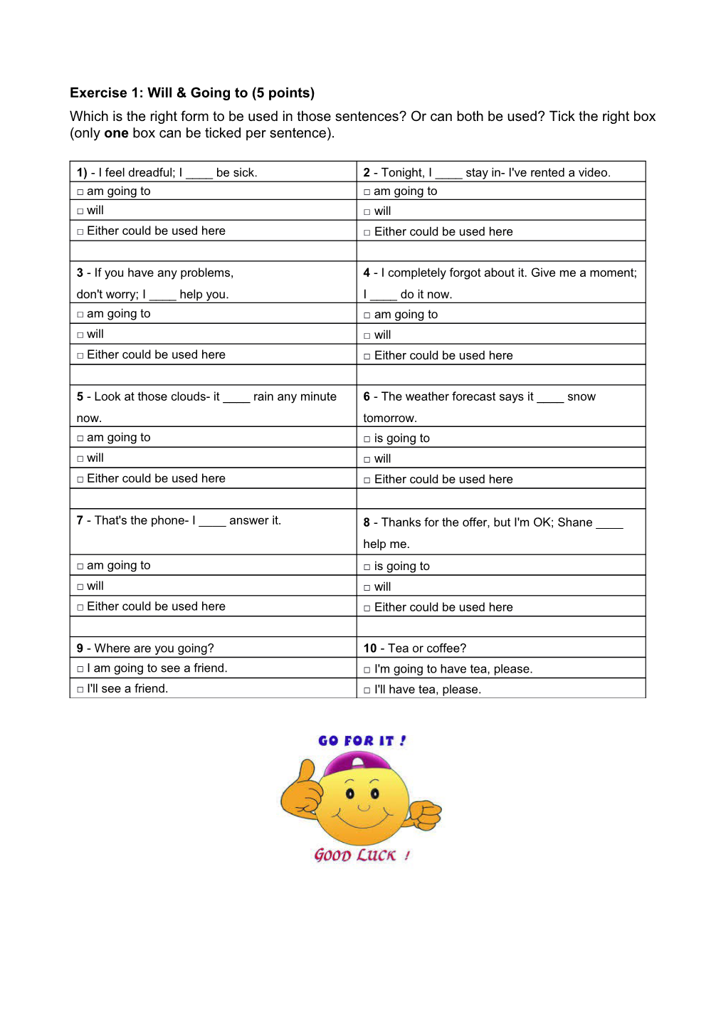 Exercise 1: Will & Going to (5 Points)