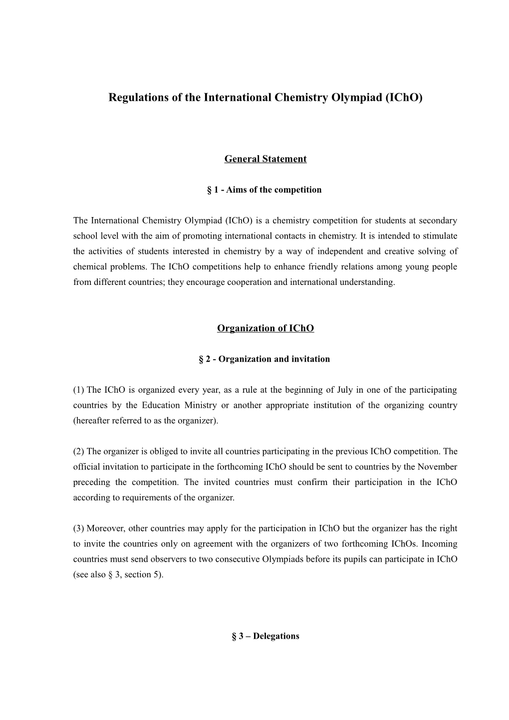 Regulations of the International Chemistry Olympiad (Icho)