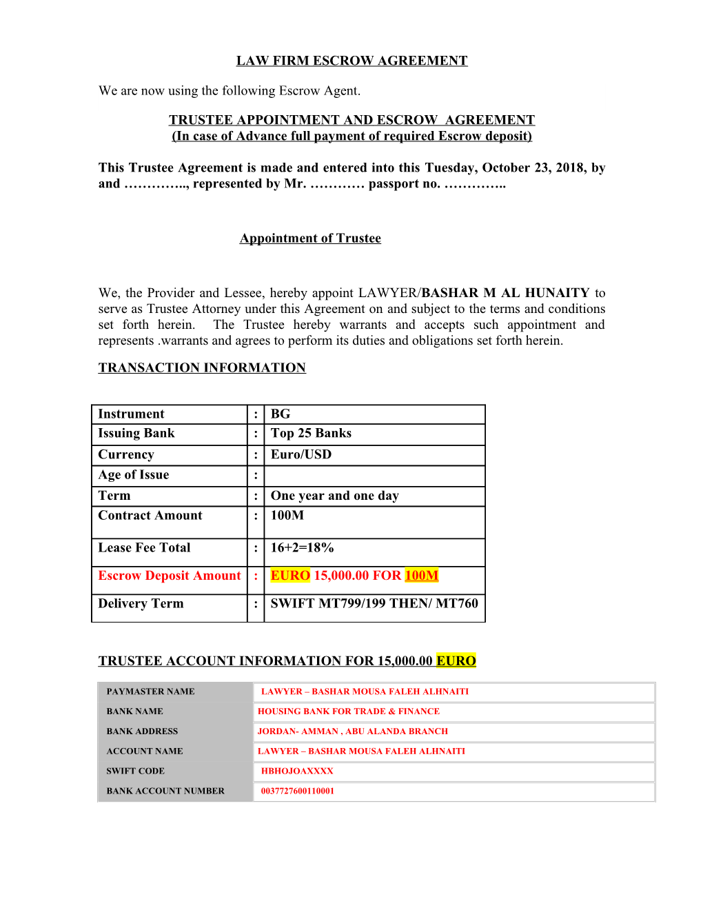 Law Firm Escrow Agreement