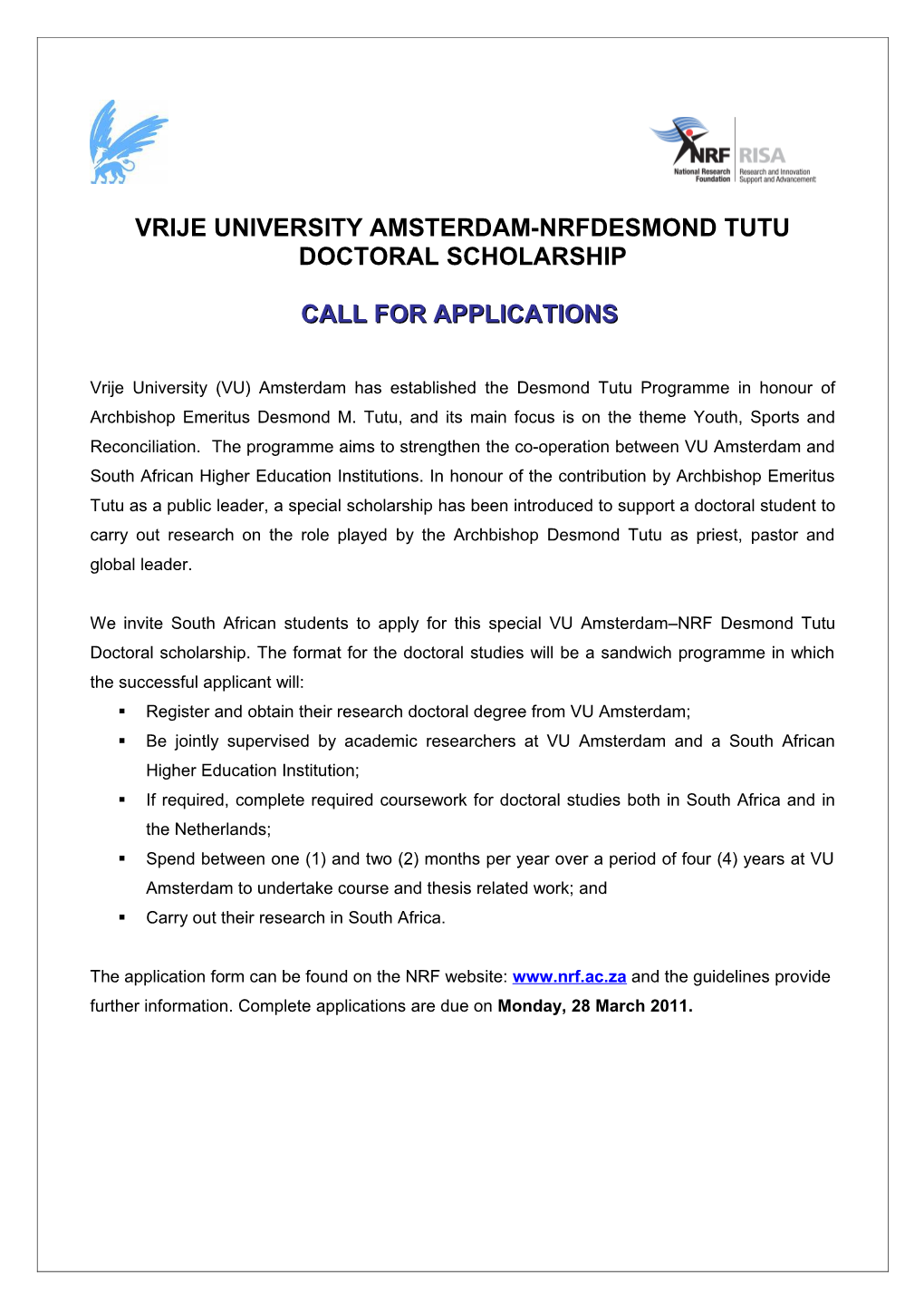 Vrije University Amsterdam-Nrfdesmond Tutudoctoralscholarship