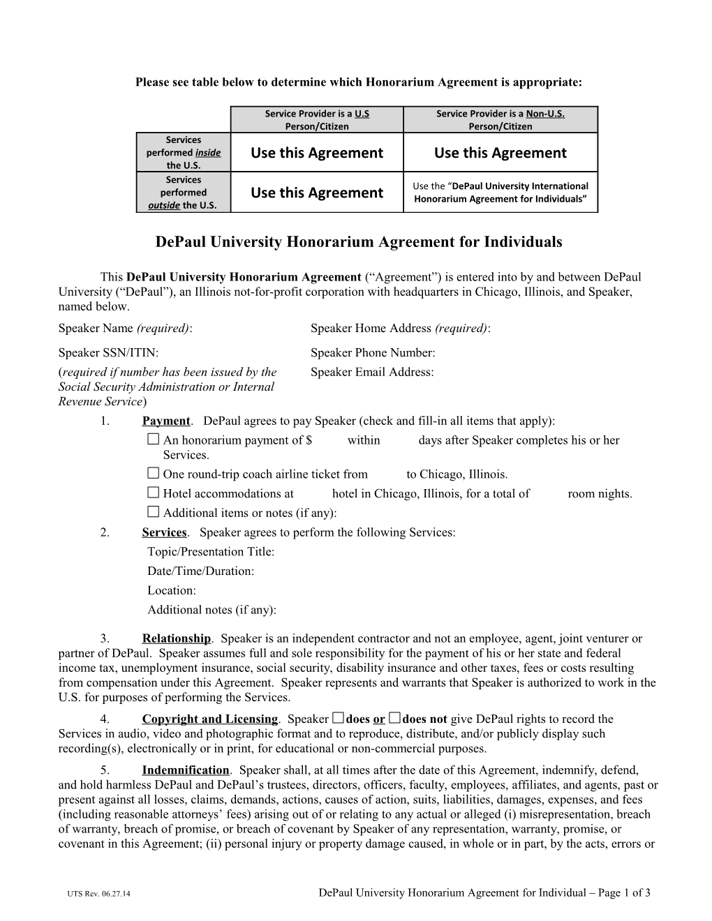 Depaul University Honorarium Agreement