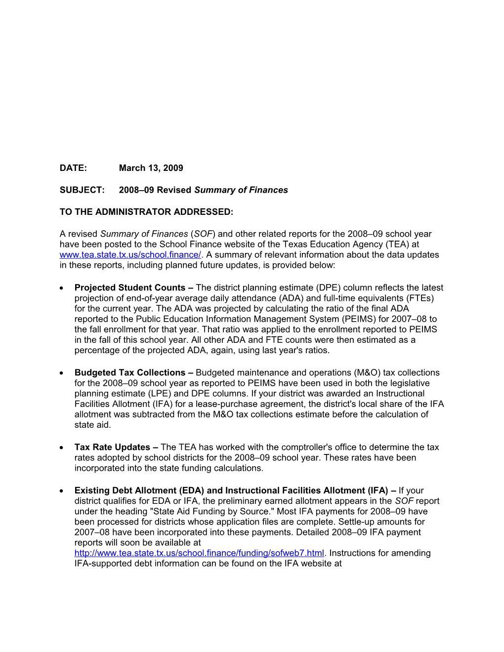 SUBJECT:2008 09 Revised Summary of Finances