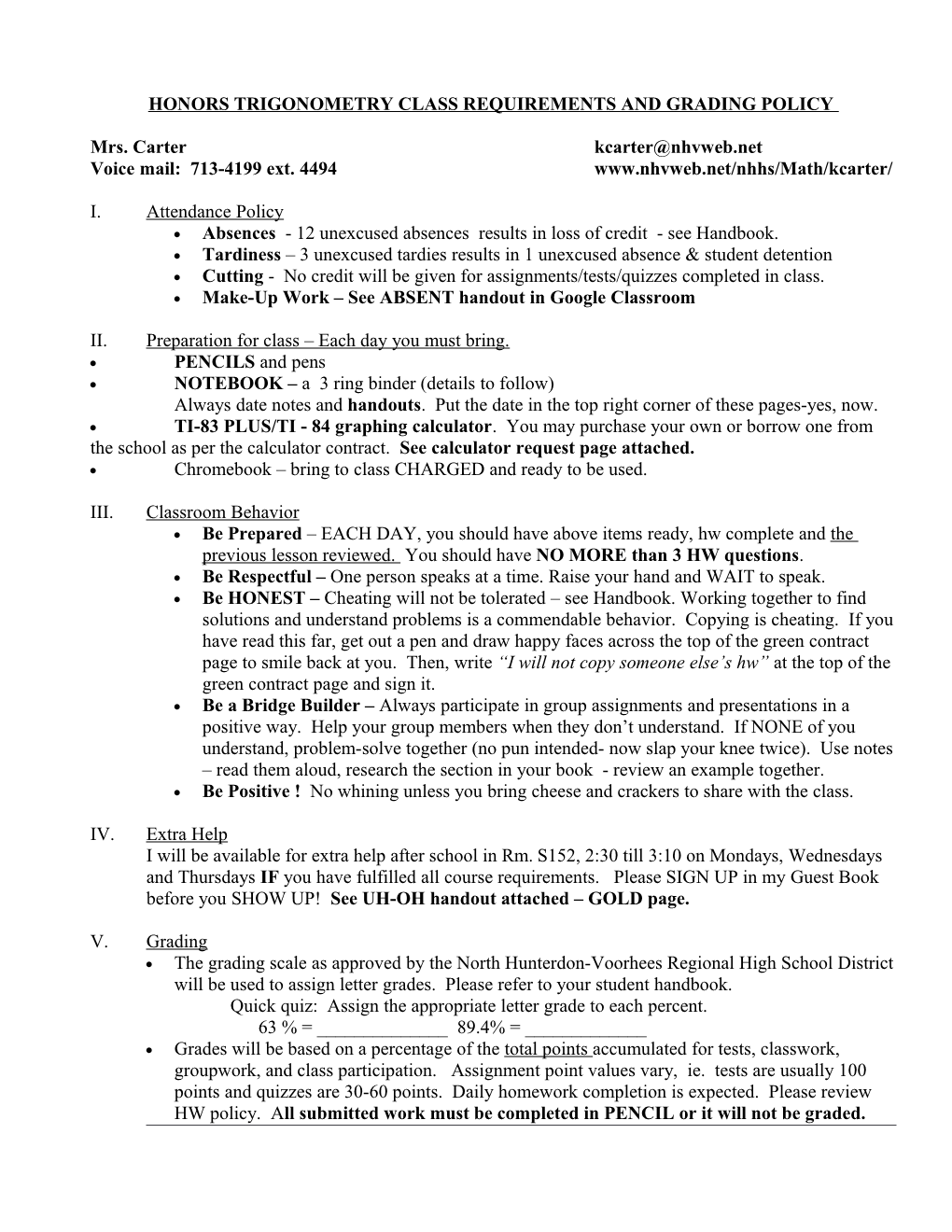 Honors Trigonometry Class Requirements and Grading Policy