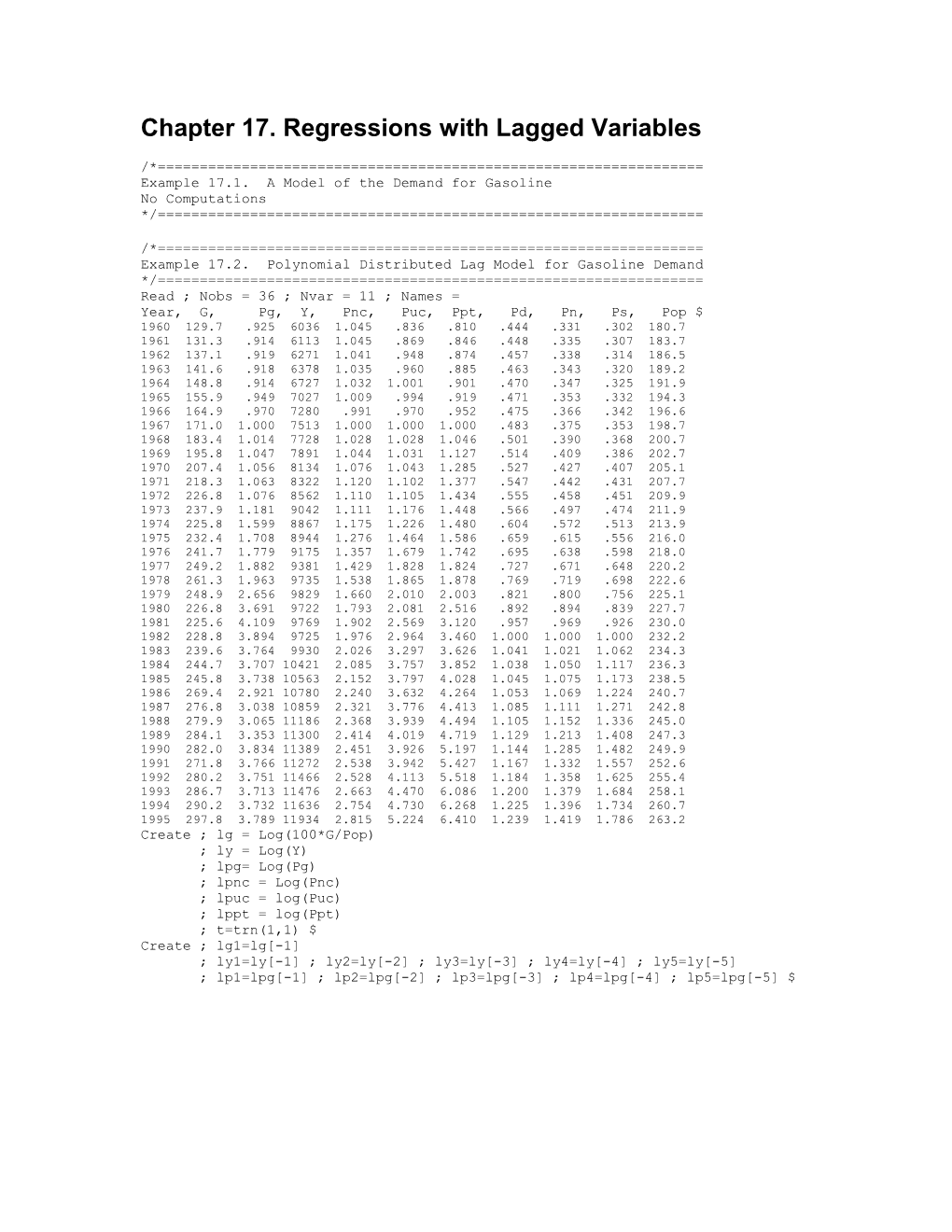 Chapter 17. Regressions with Lagged Variables