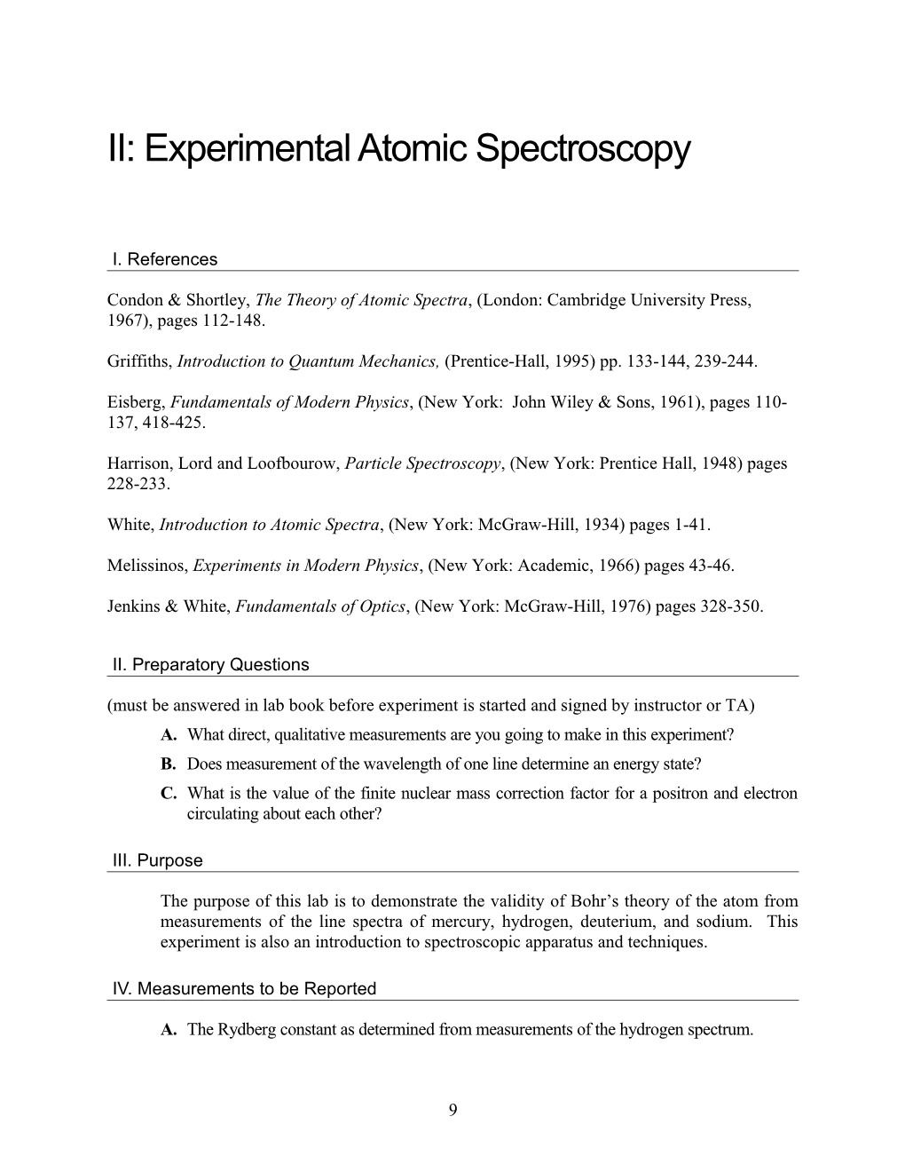 II: Experimental Atomic Spectroscopy