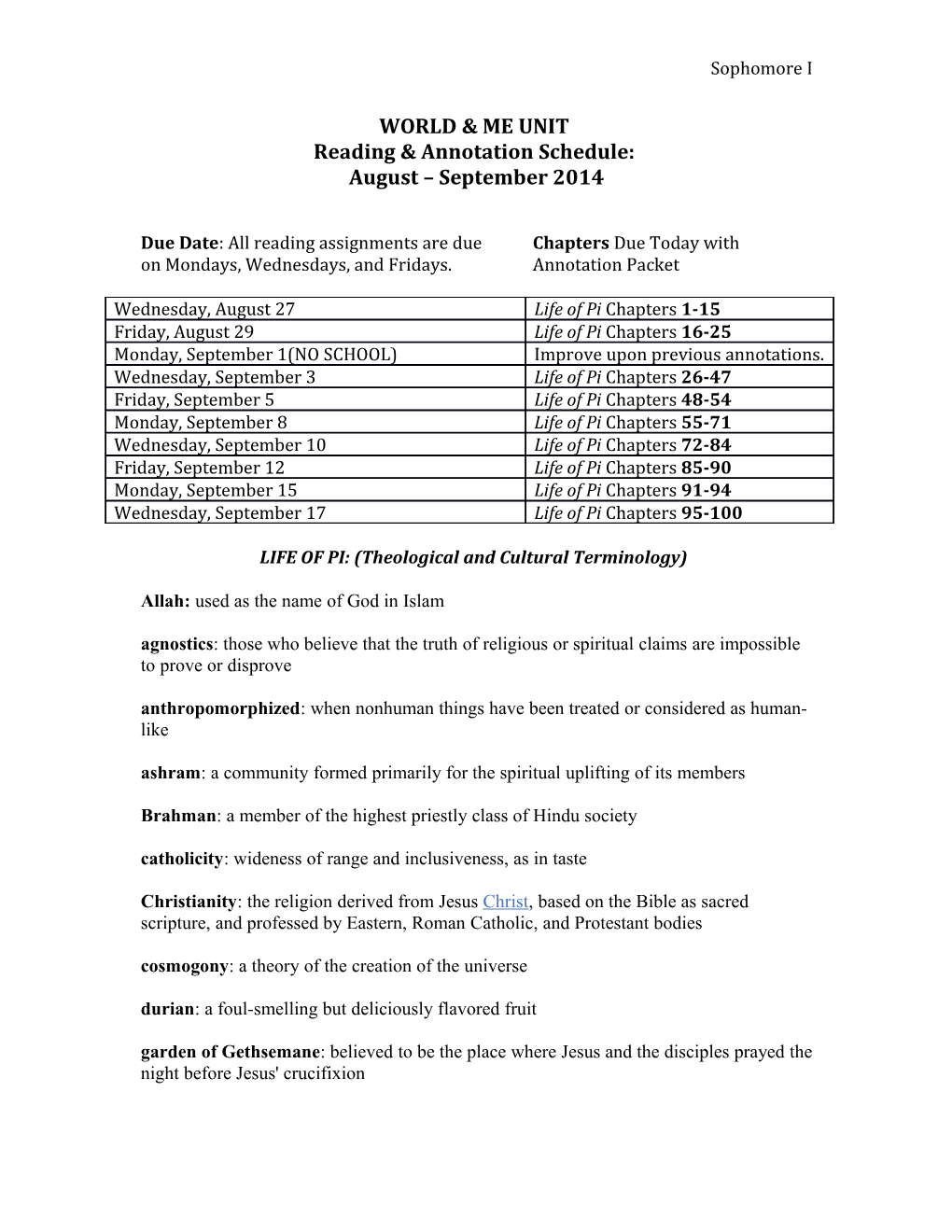 Reading & Annotation Schedule