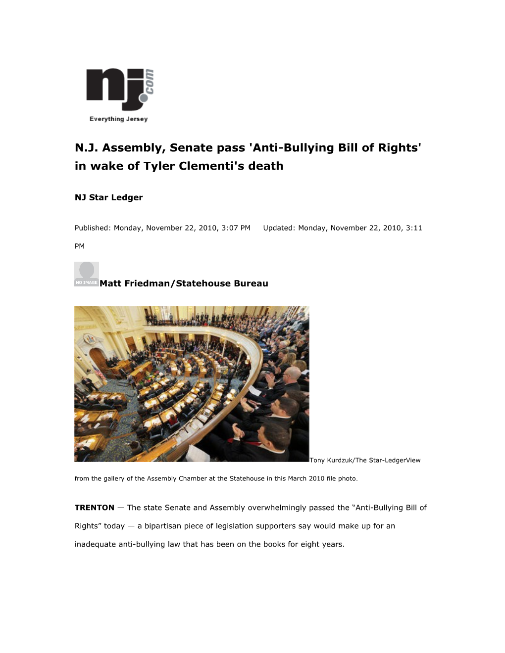N.J. Assembly, Senate Pass 'Anti-Bullying Bill of Rights' in Wake of Tyler Clementi's Death