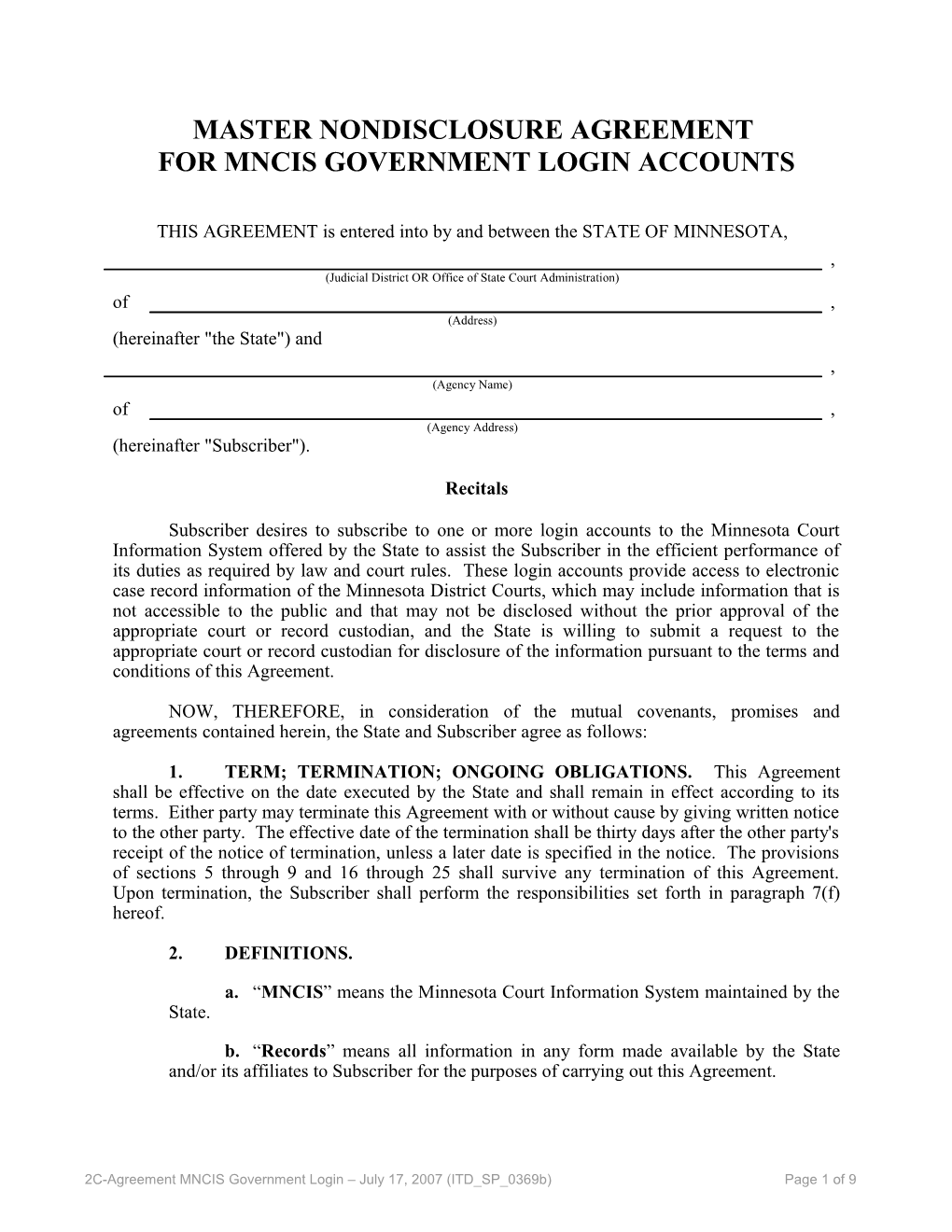 MNCIS Odyssey Online Access Agreement